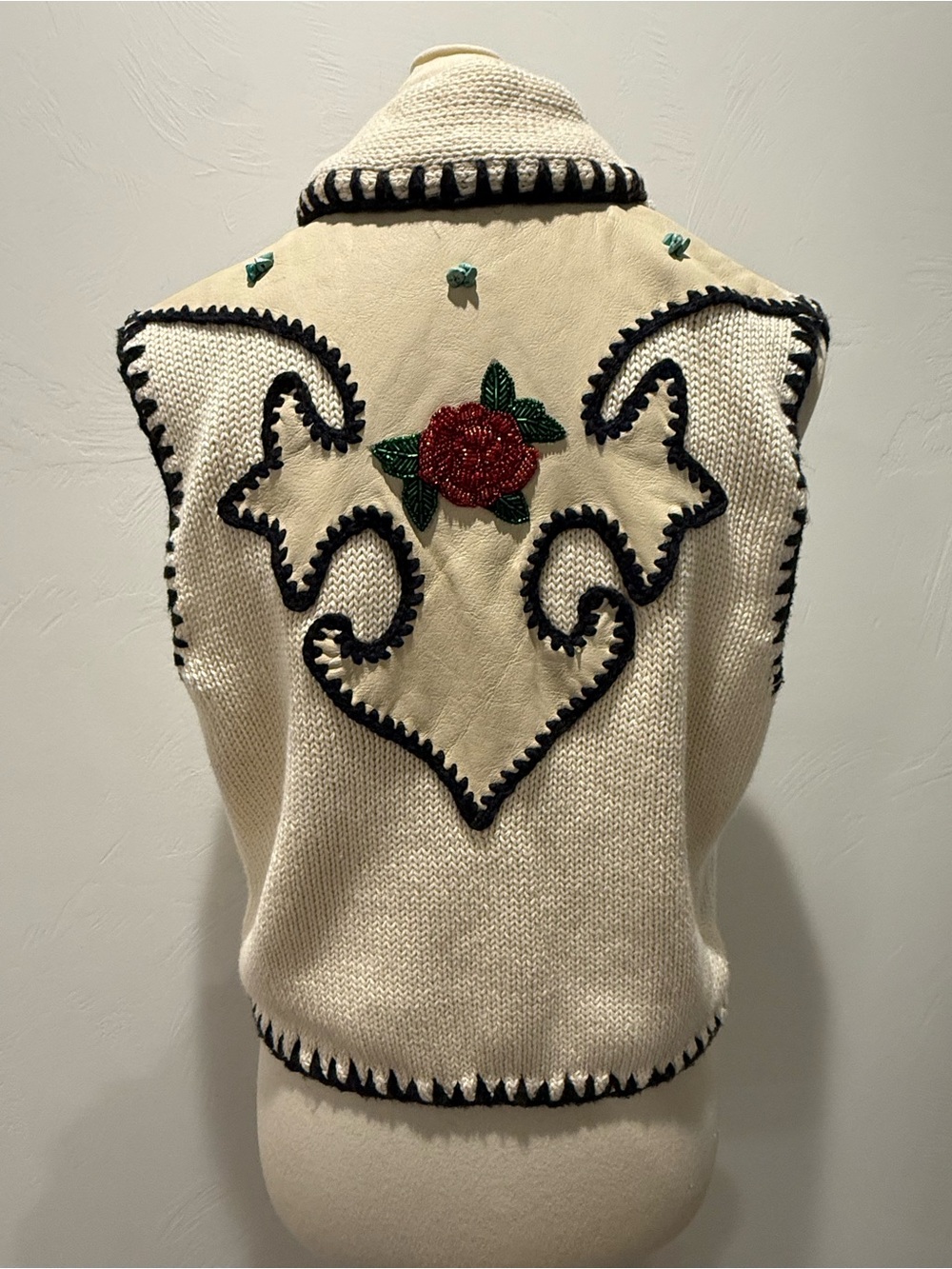 RARE! Vintage Lianne Barnes Western Style Cream Knit and Leather Vest